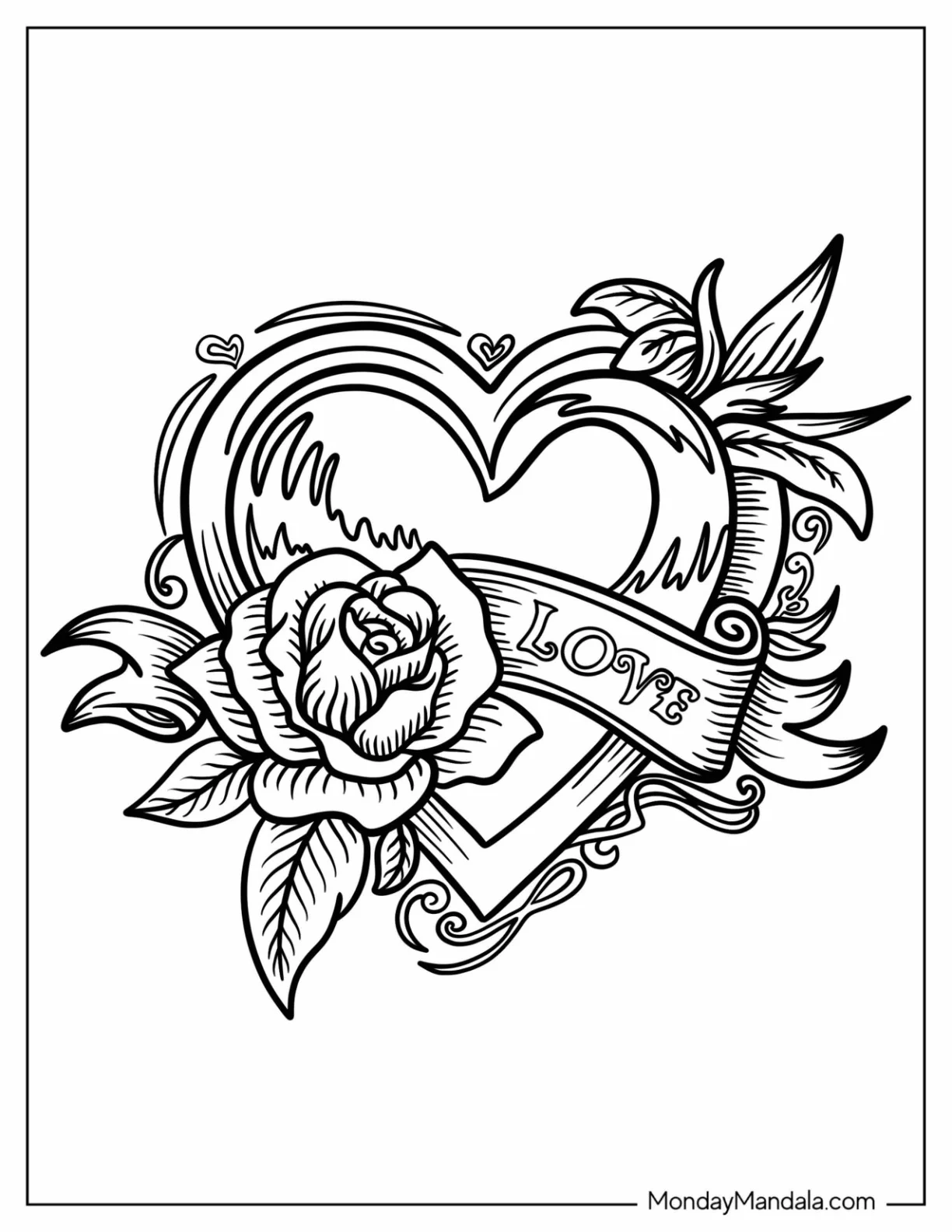Love Heart With Banner And Rose Tattoo Coloring Page coloring page