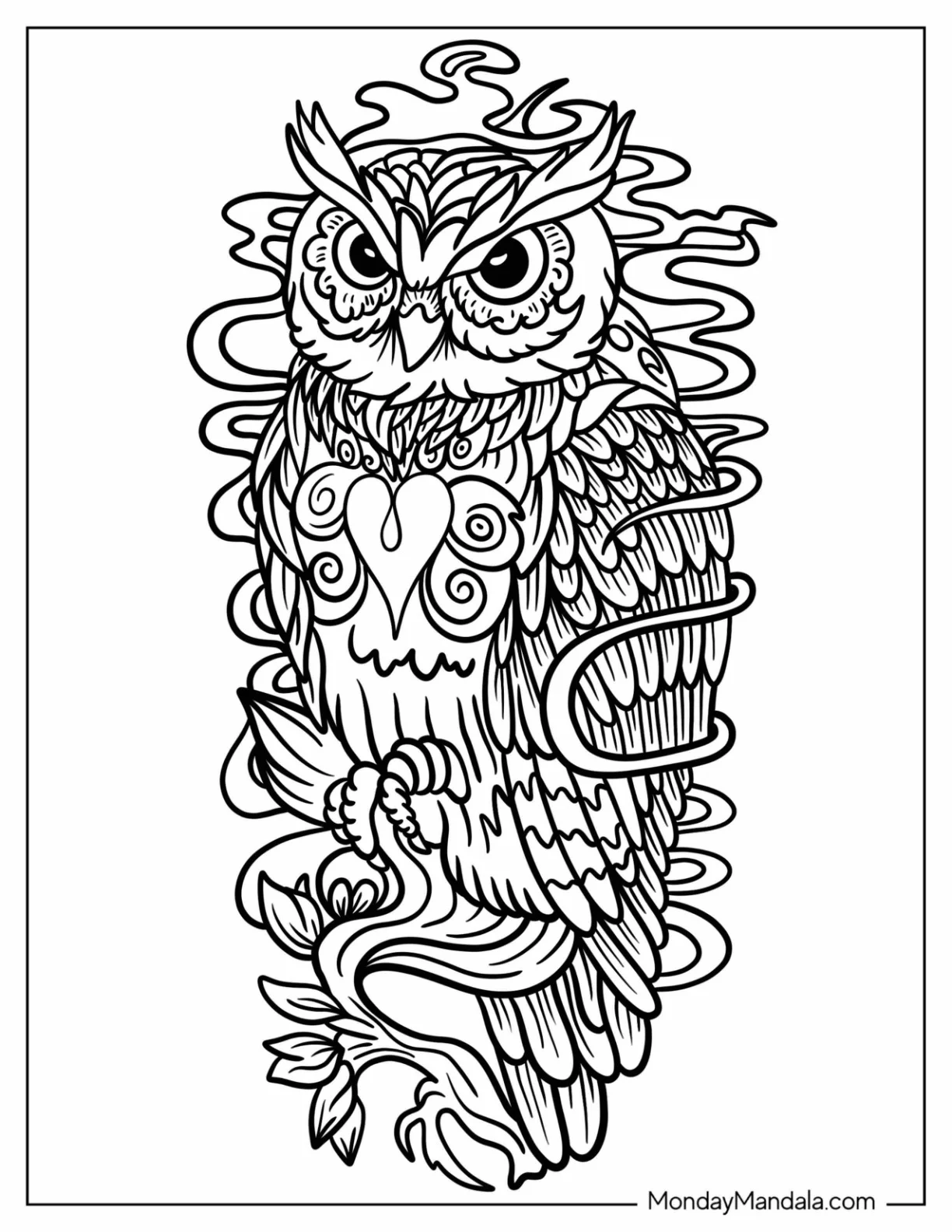 Owl With Heart On Its Chest Tattoo Coloring Page coloring page