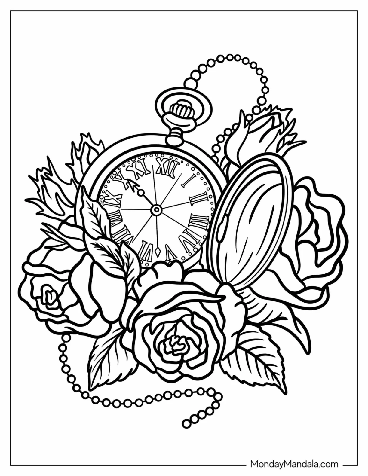 Romantic Pocket Watch And Roses Tattoo Coloring Page coloring page