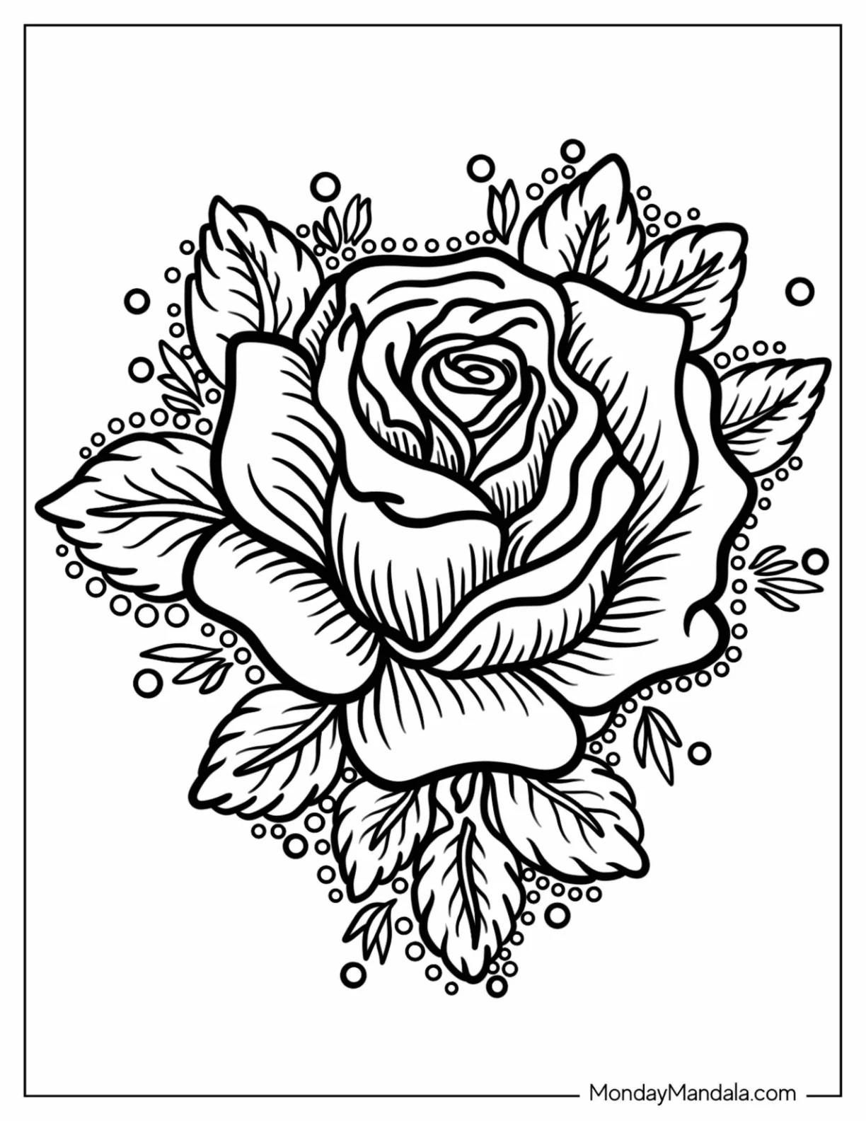 Rose With Leaves And Dew Tattoo Coloring Page coloring page