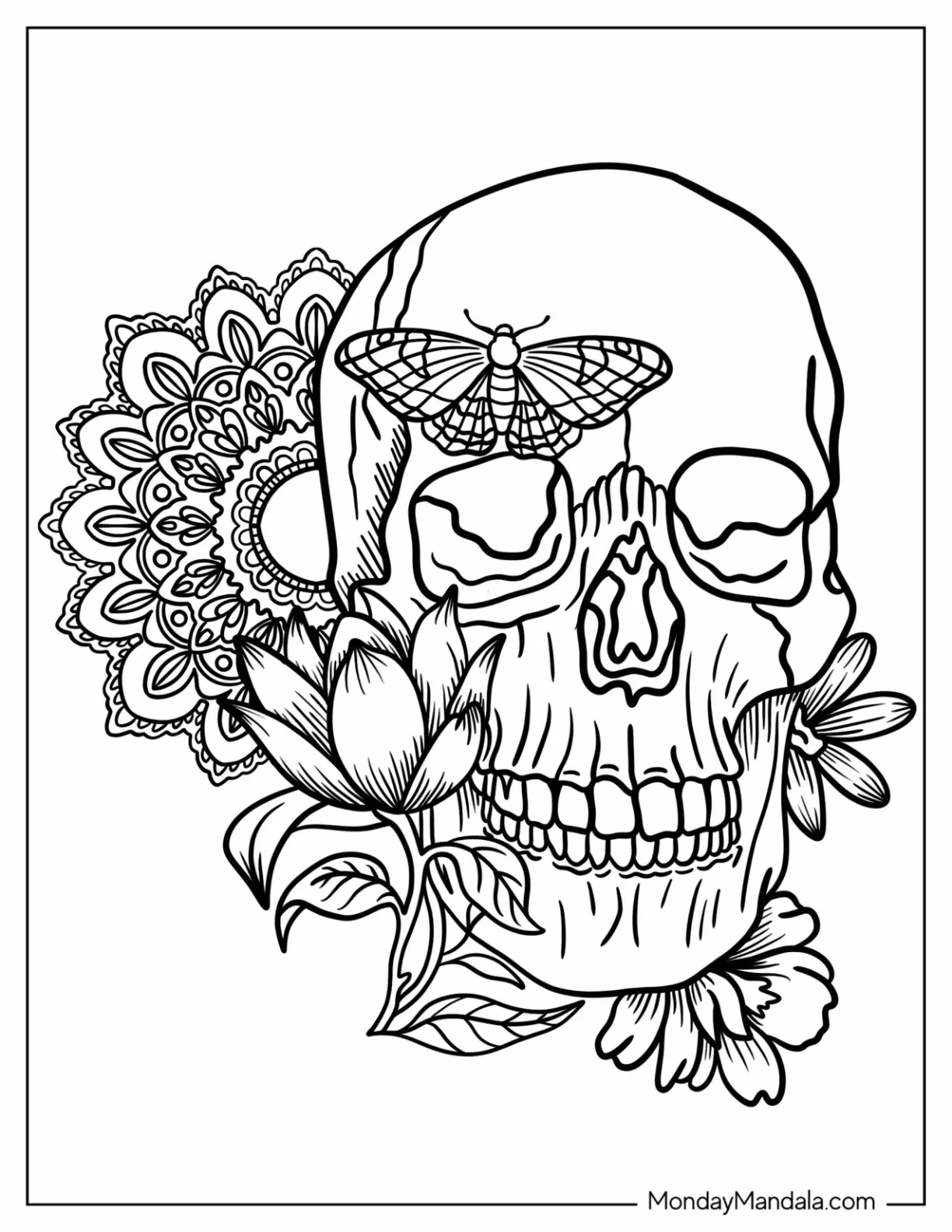 Skull With Moth, Flowers, And Mandala Tattoo Coloring Page coloring page