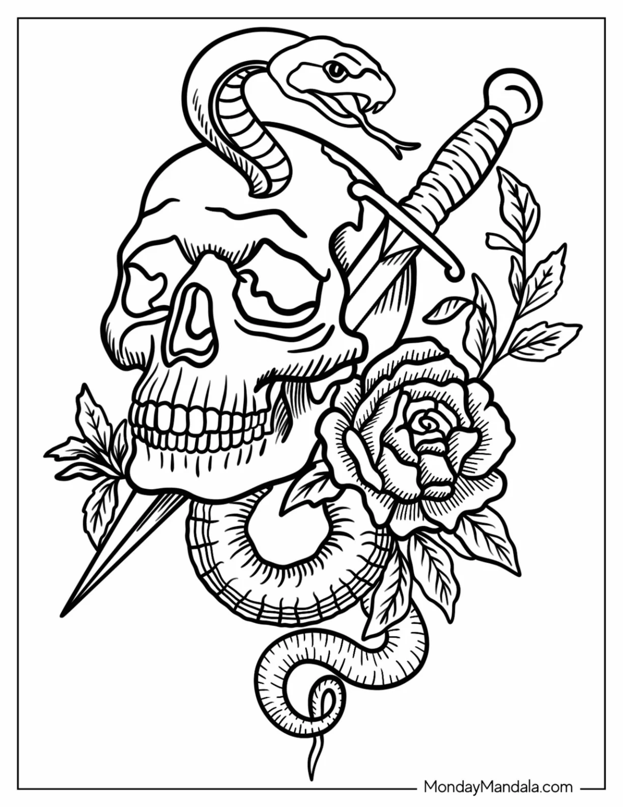 Skull With Serpent, Dagger, And Roses Tattoo Coloring Page coloring page