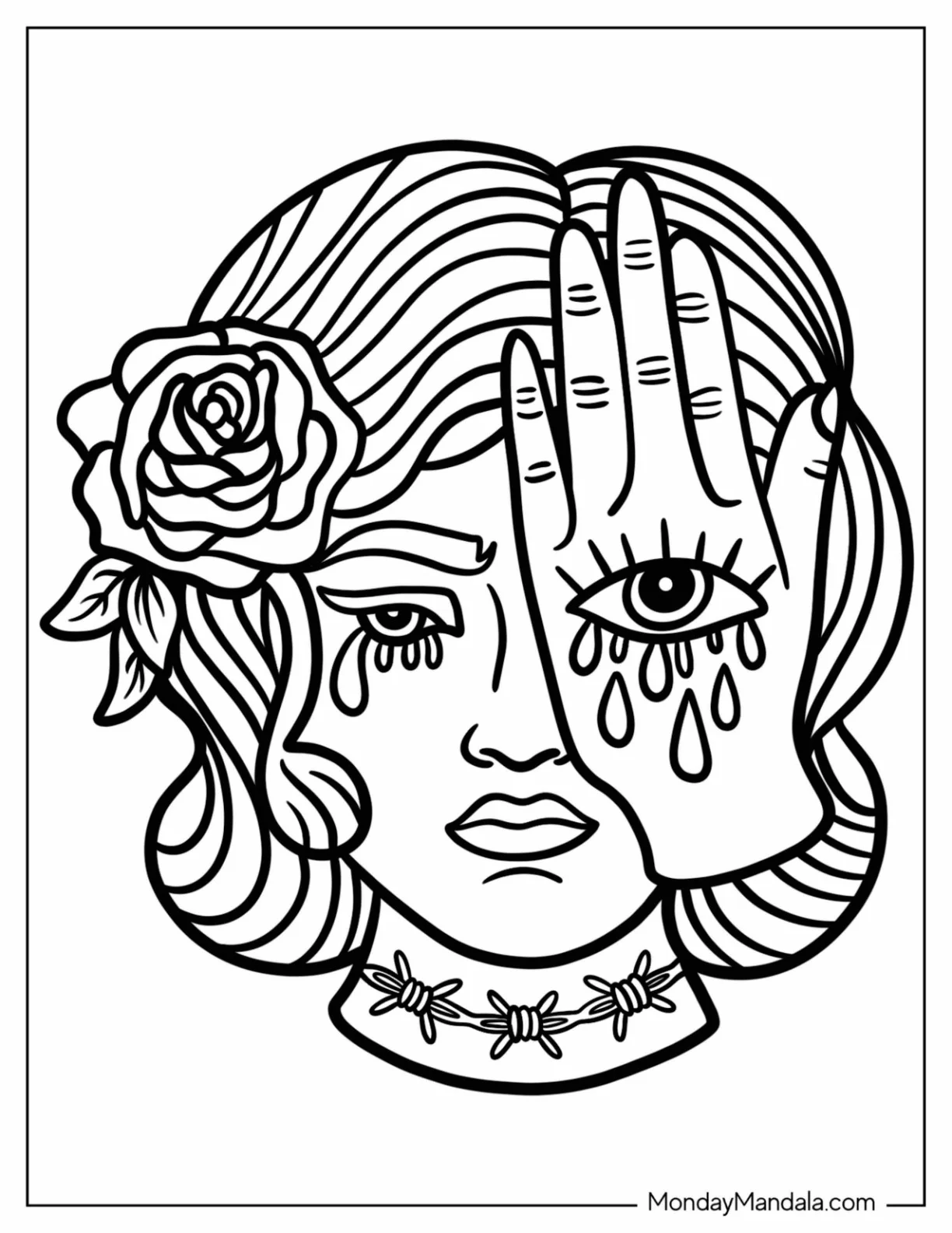 Woman With A Rose Covering One Of Her Eyes Tattoo Coloring Page coloring page