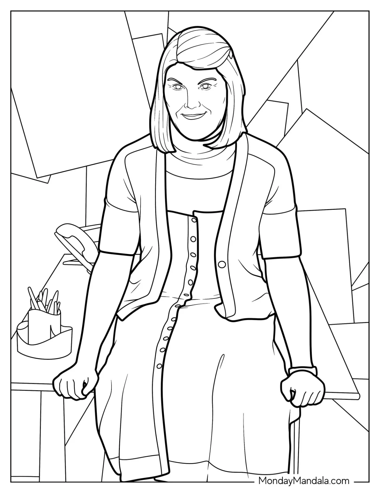 The Office Coloring Page Of Meredith Palmer Seated On A Desk coloring page