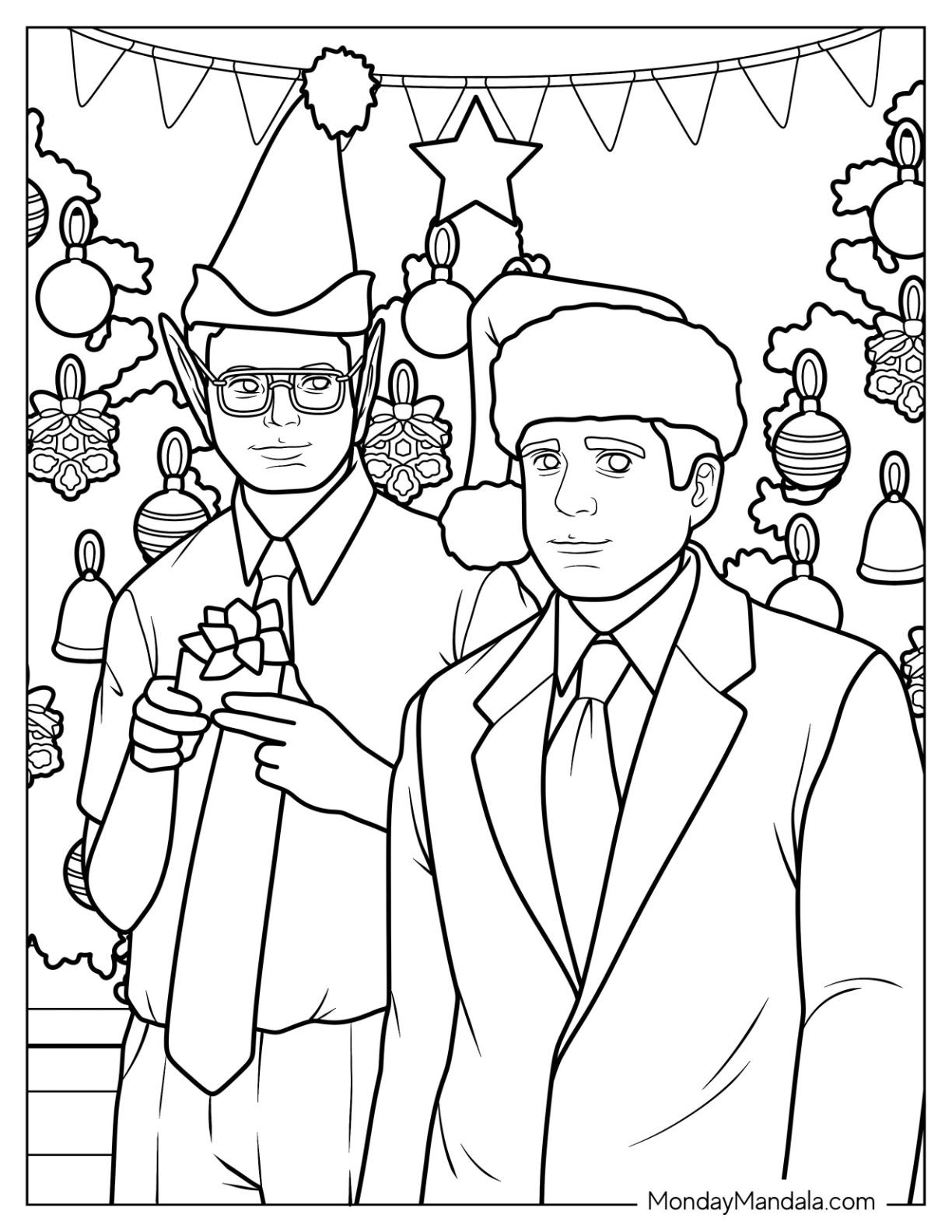 The Office Coloring Page Of Michael And Dwight Wearing Santa Hats coloring page — printable line art
