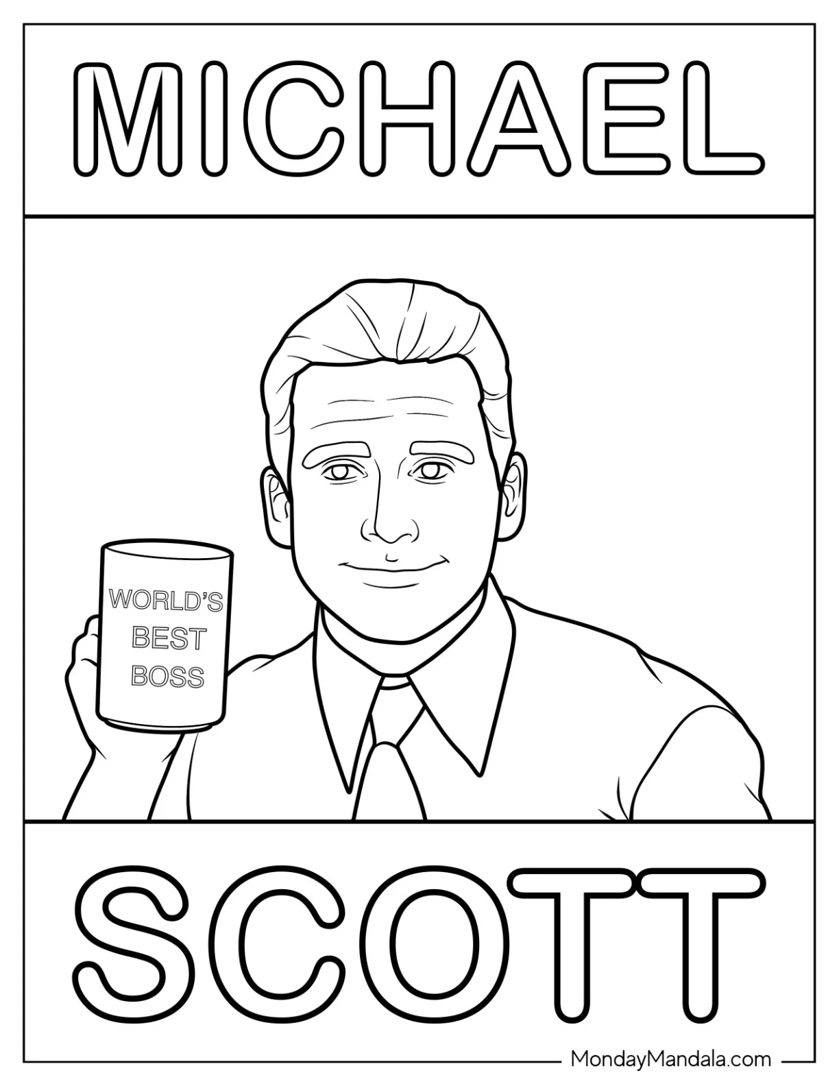 The Office Coloring Page Of Michael Scott Holding His World s Best Boss Coffee Mug For Kids coloring page — printable line art