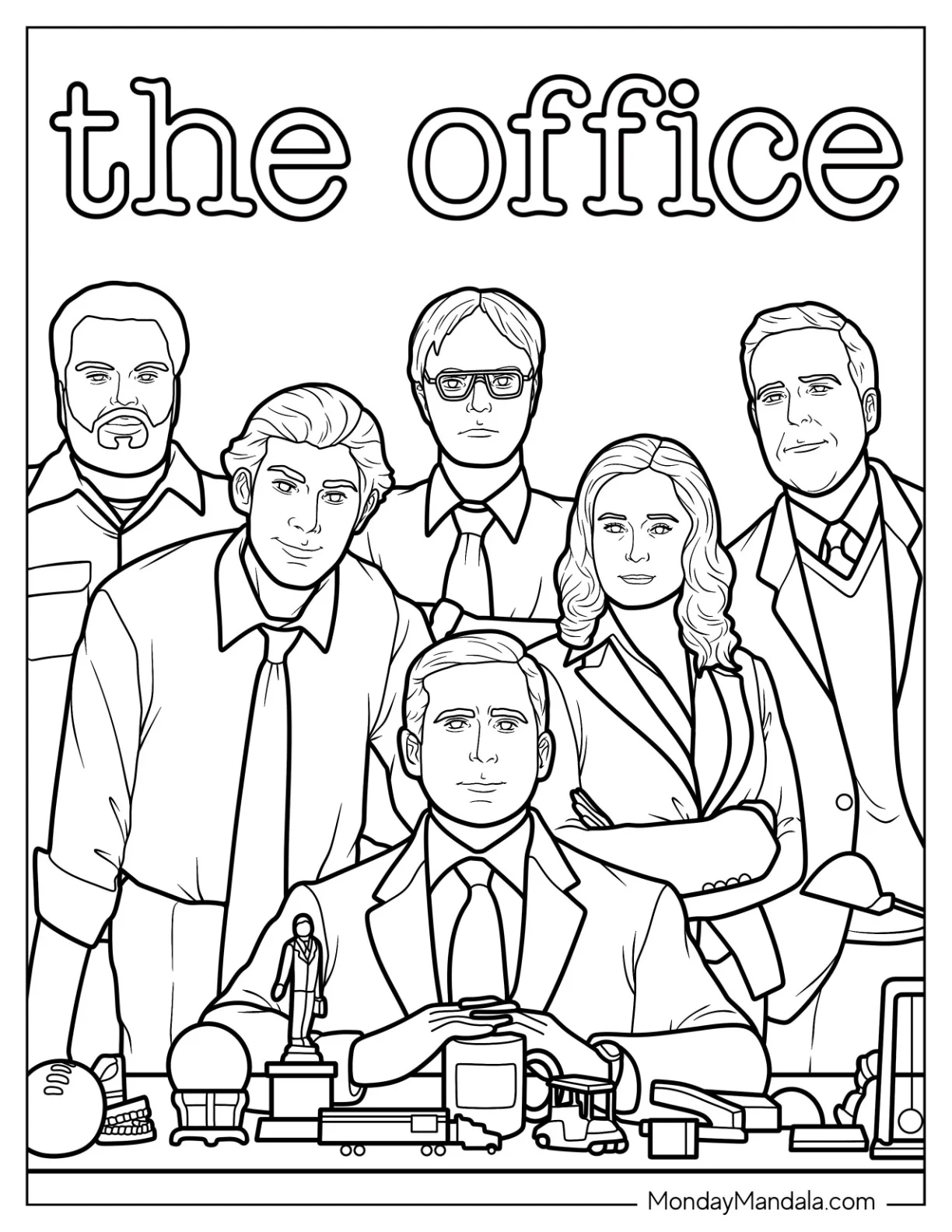 The Office Coloring Page Of Poster With Michael, Pam, Jim, Dwight, Darryl, And Andy coloring page — printable line art
