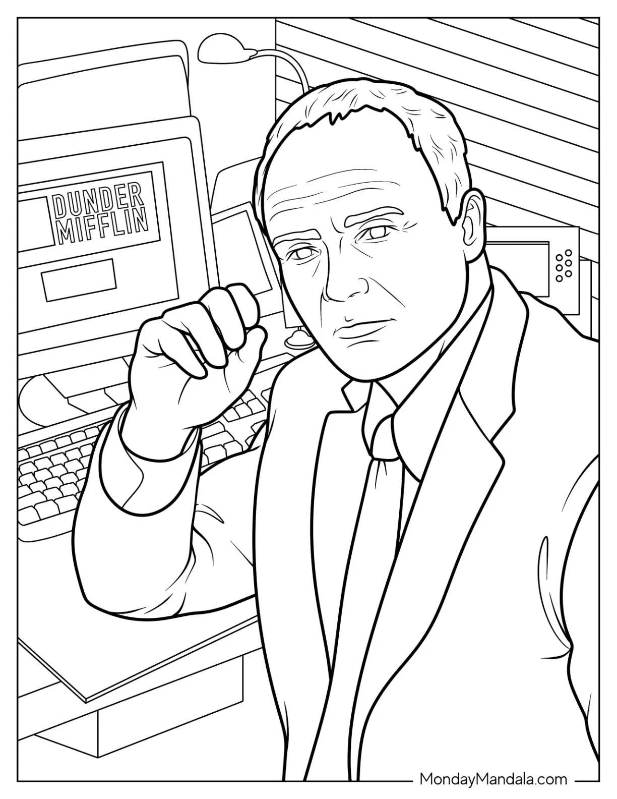 The Office Coloring Page Of Serious Creed Bratton On His Desk Showing The Dunder Mifflin Logo coloring page