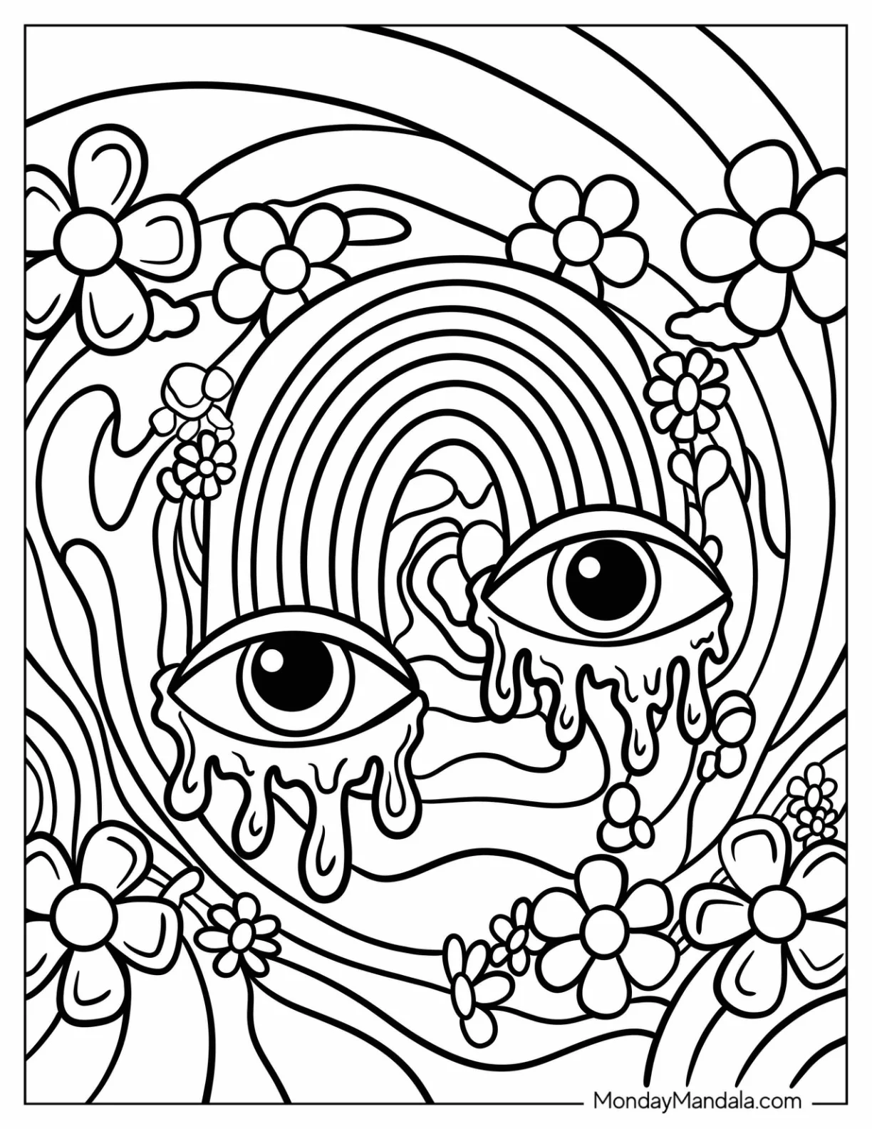 1970s Style Trippy Coloring Page With Eyes And Rainbowsv2 coloring page