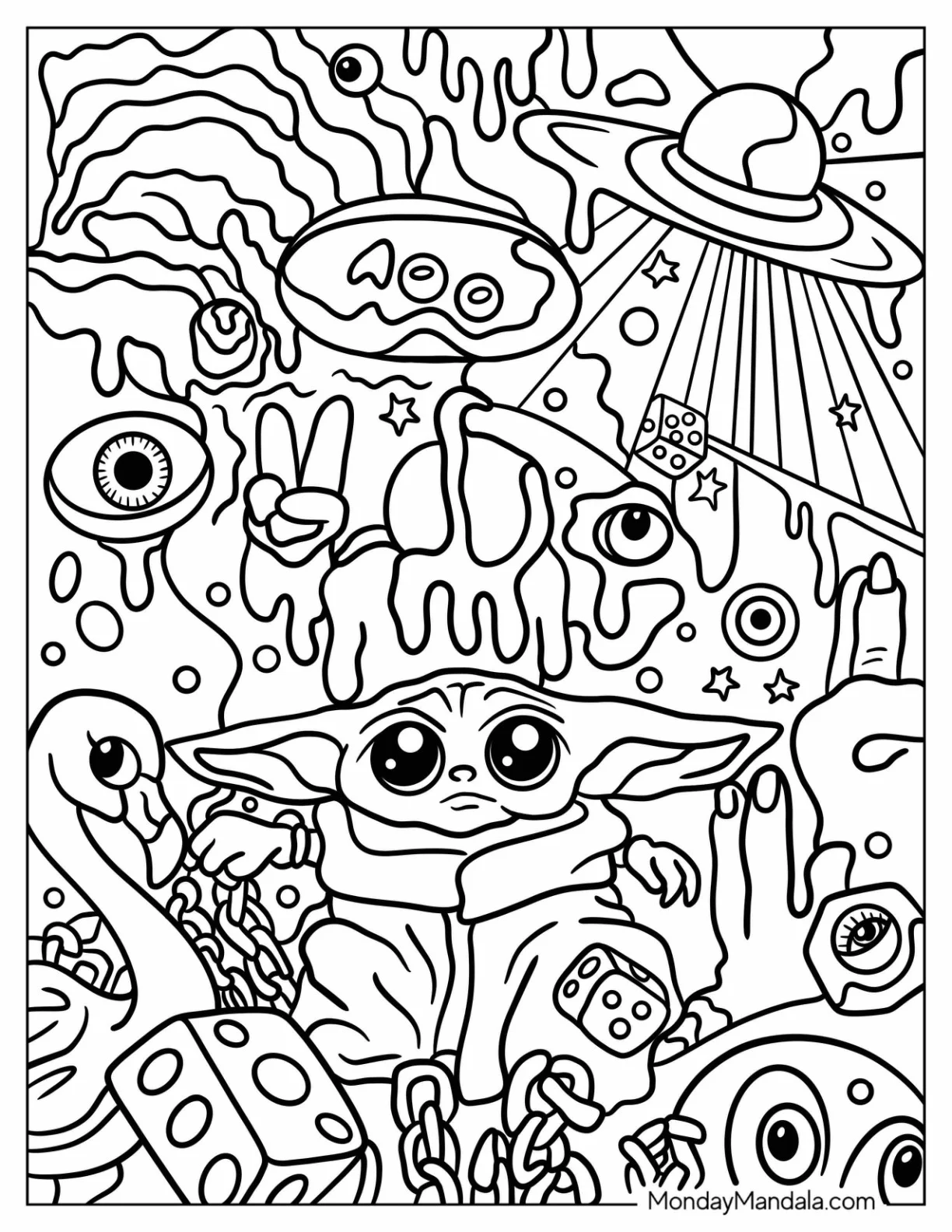 Baby Yoda And Alien Trippy Coloring Page coloring page