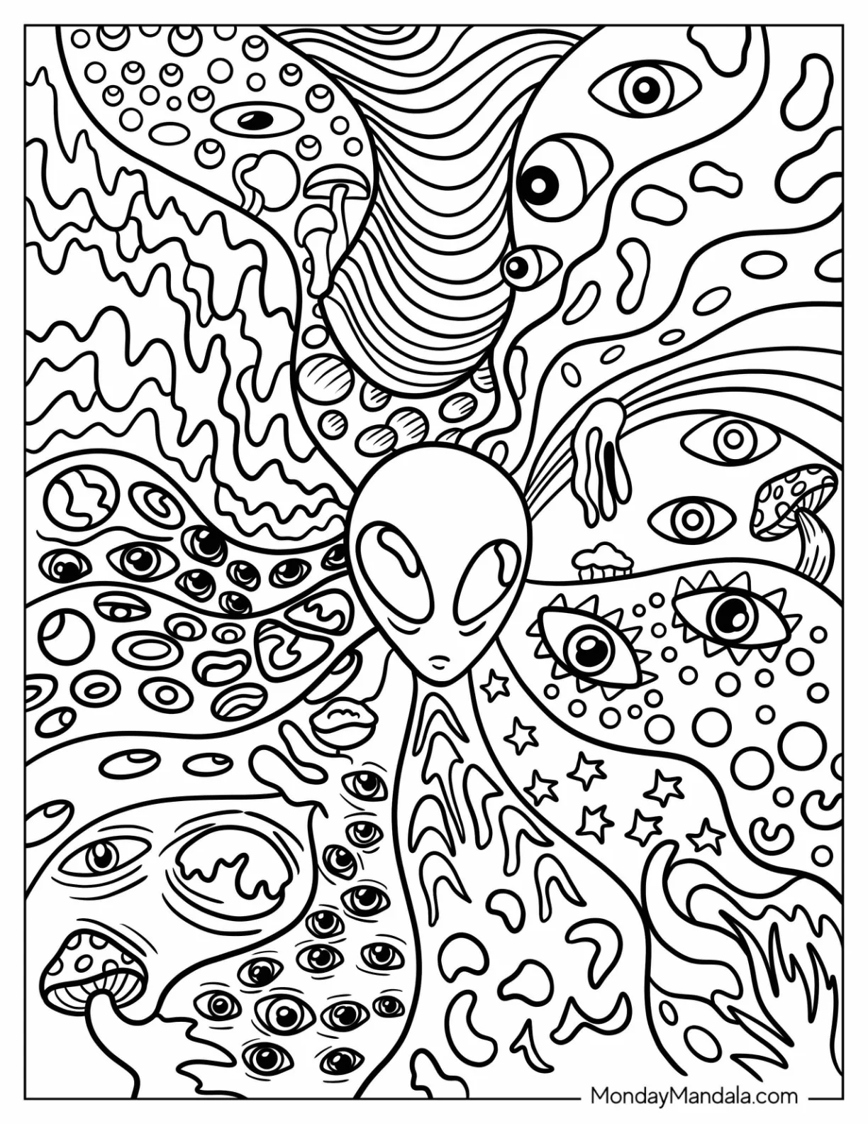 Cosmic And Trippy Coloring Page Of Zentangle With Alien coloring page