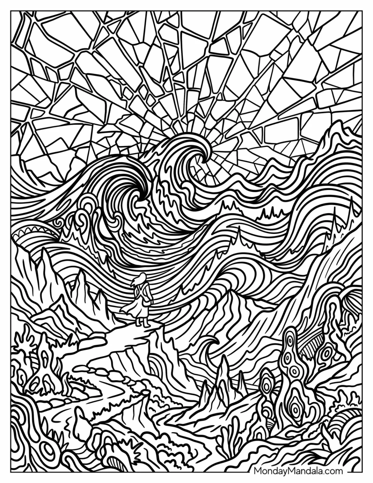 Man on a Cliff Staring at Trippy Waves Coloring Sheet coloring page