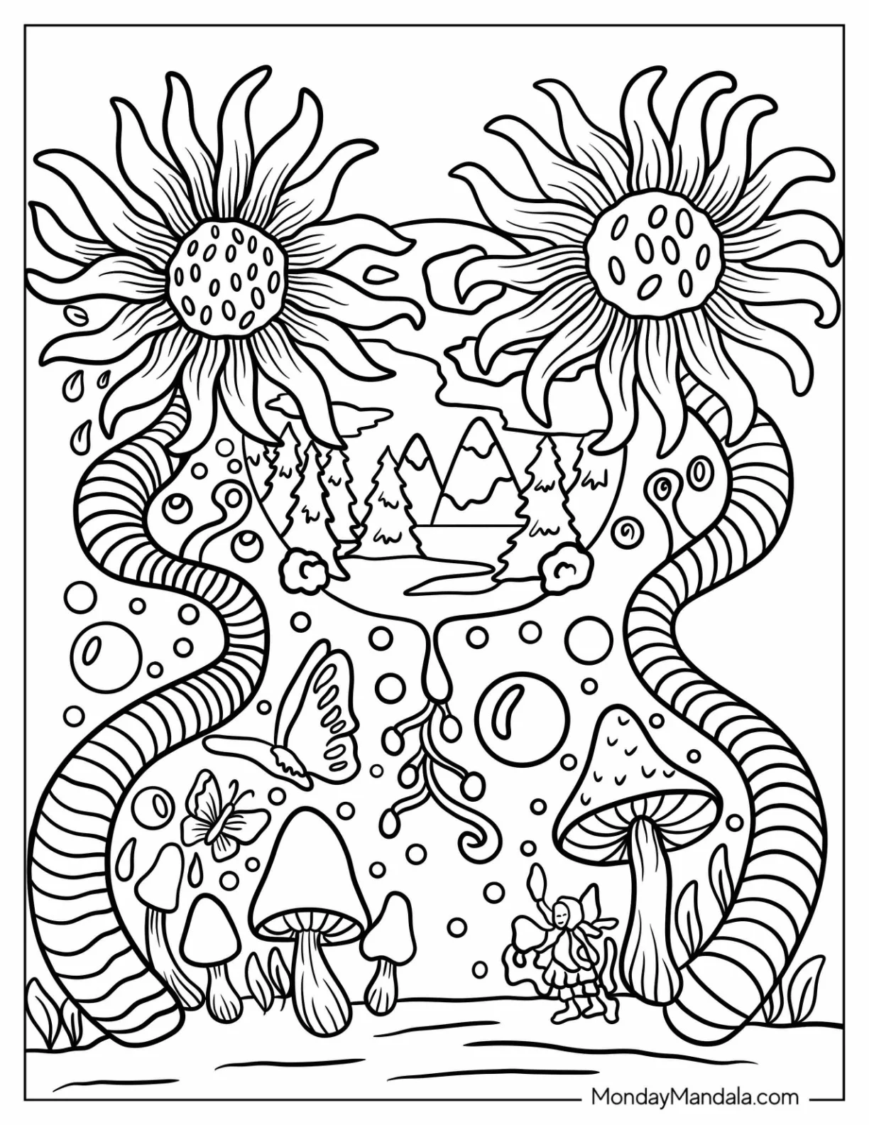 Trippy Coloring Page Of Dreamlike Mushroom Forest coloring page