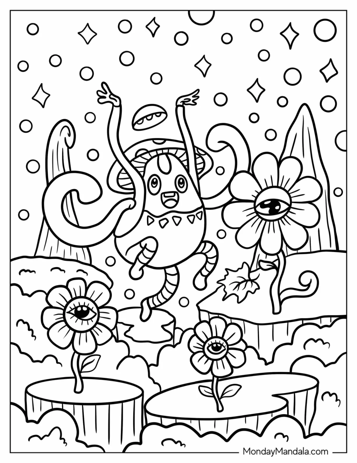 Trippy Coloring Page Of Mystical Creature Dancing In Dream Forrest coloring page