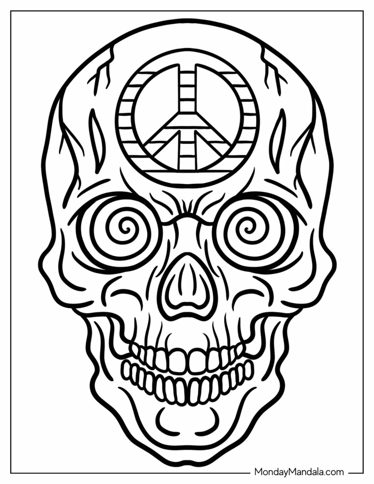 Trippy Coloring Page Of Surreal Skull Drawing With Peace Sign coloring page