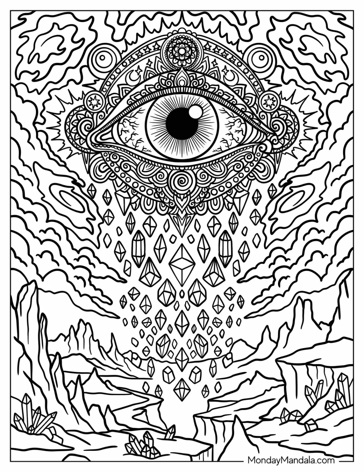 Trippy Eye in the Sky with Crystals Coloring Sheet coloring page