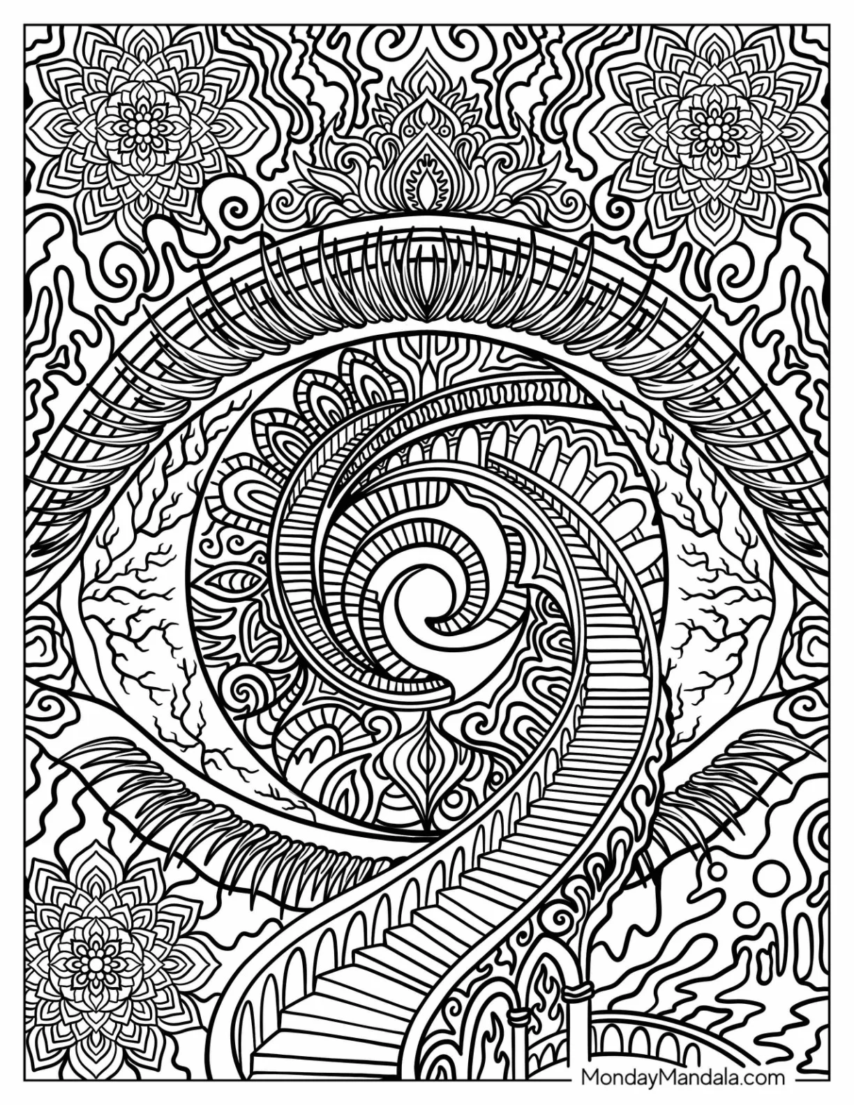 Trippy Eye with Flower Mandala and Winding Staircase Coloring Page coloring page