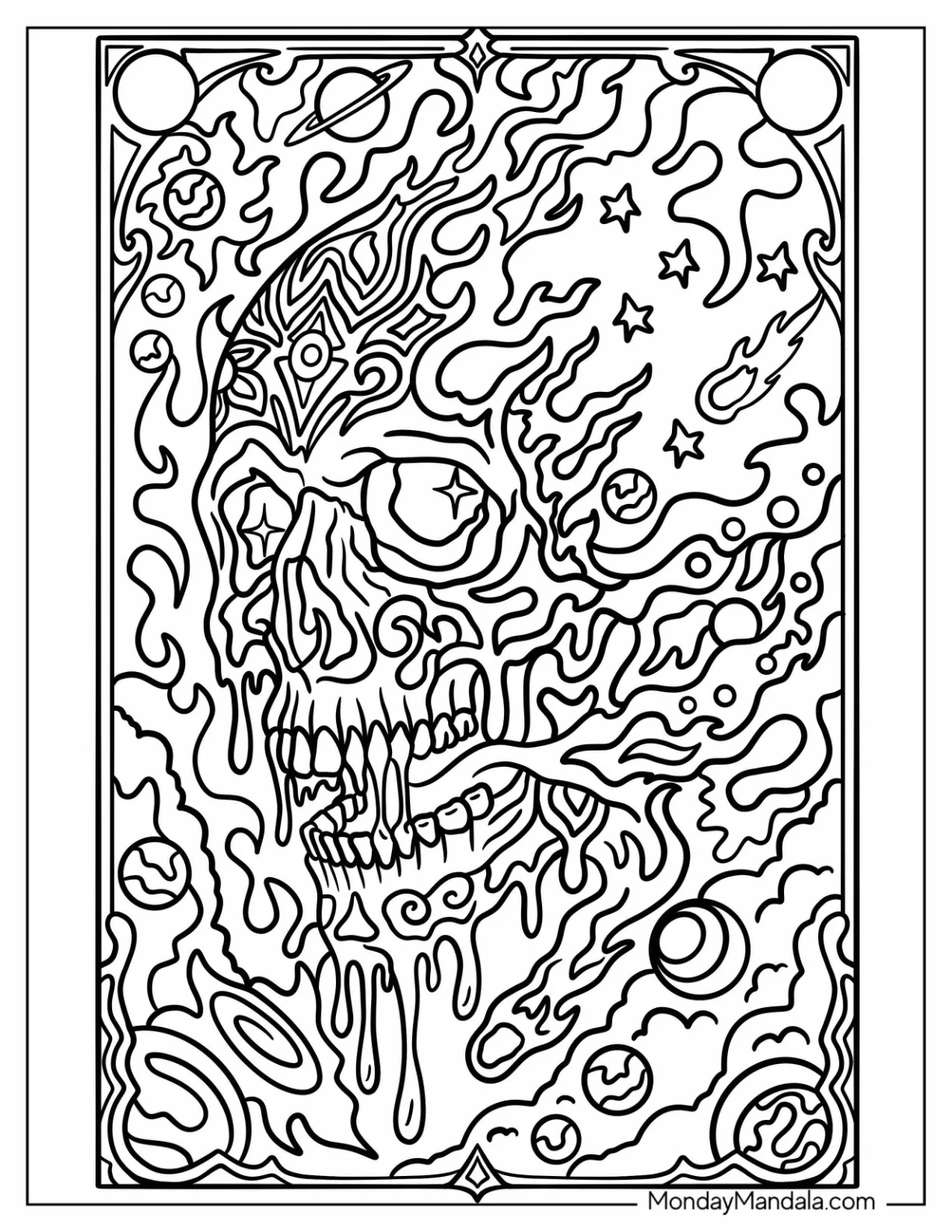 Trippy Flaming Skull with Planets Coloring Page coloring page