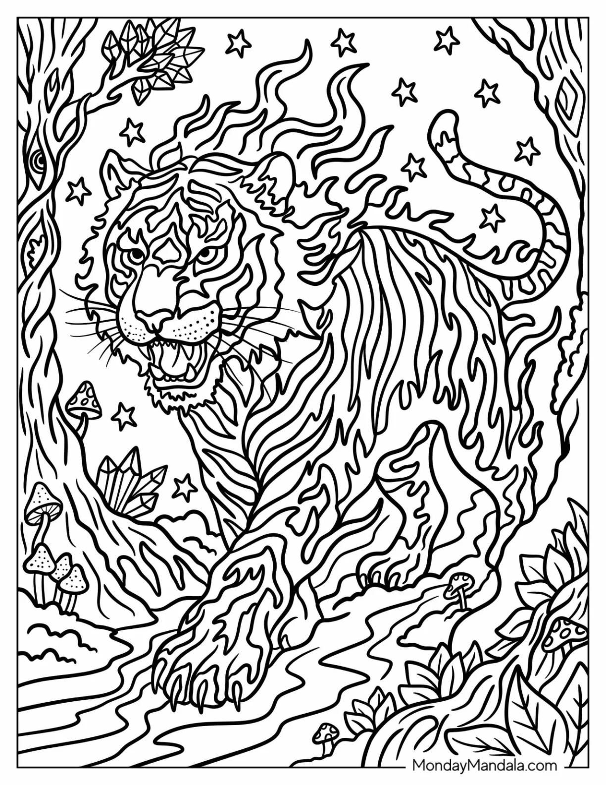Trippy Flaming Tiger in the Jungle Coloring Sheet coloring page