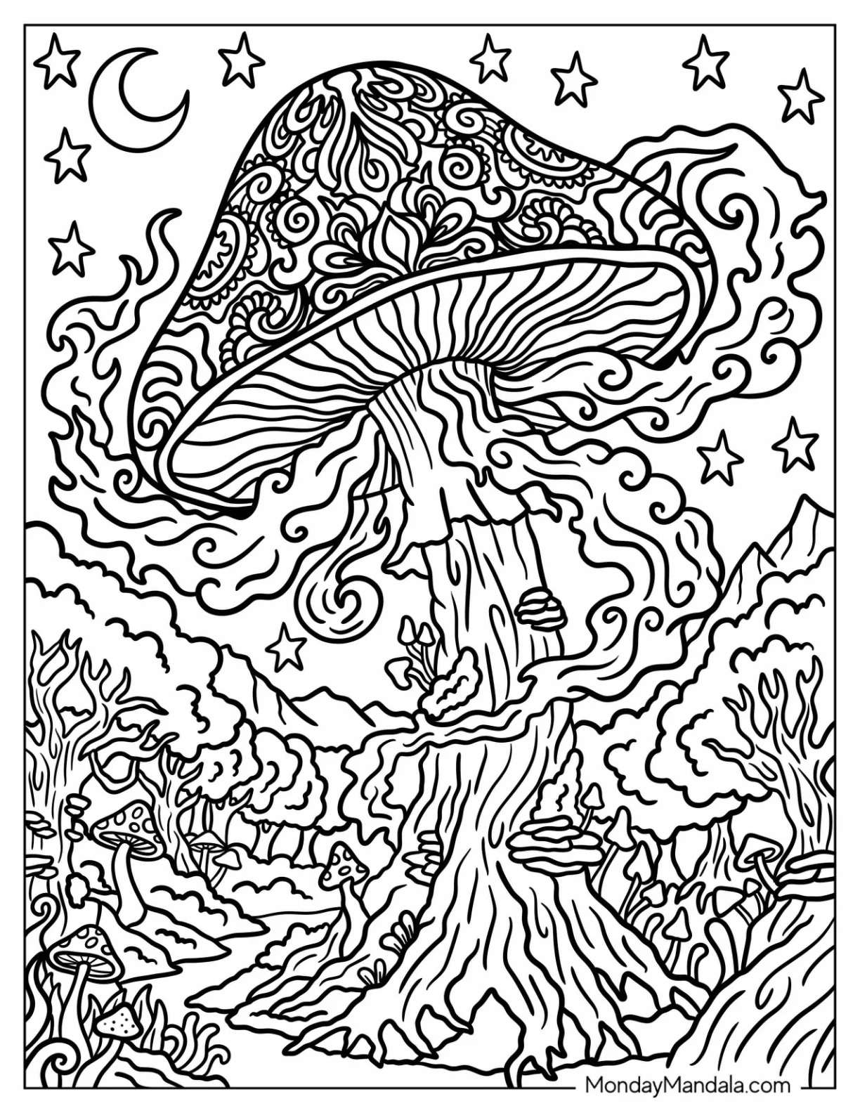 Trippy Giant Mushroom with Mandala Coloring Page coloring page