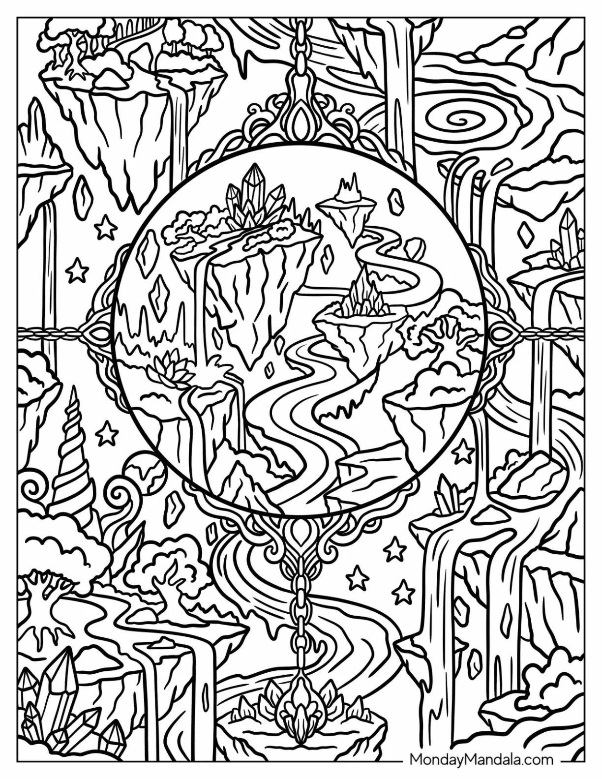 Trippy Glass with Floating Islands and Waterfalls Coloring Page coloring page