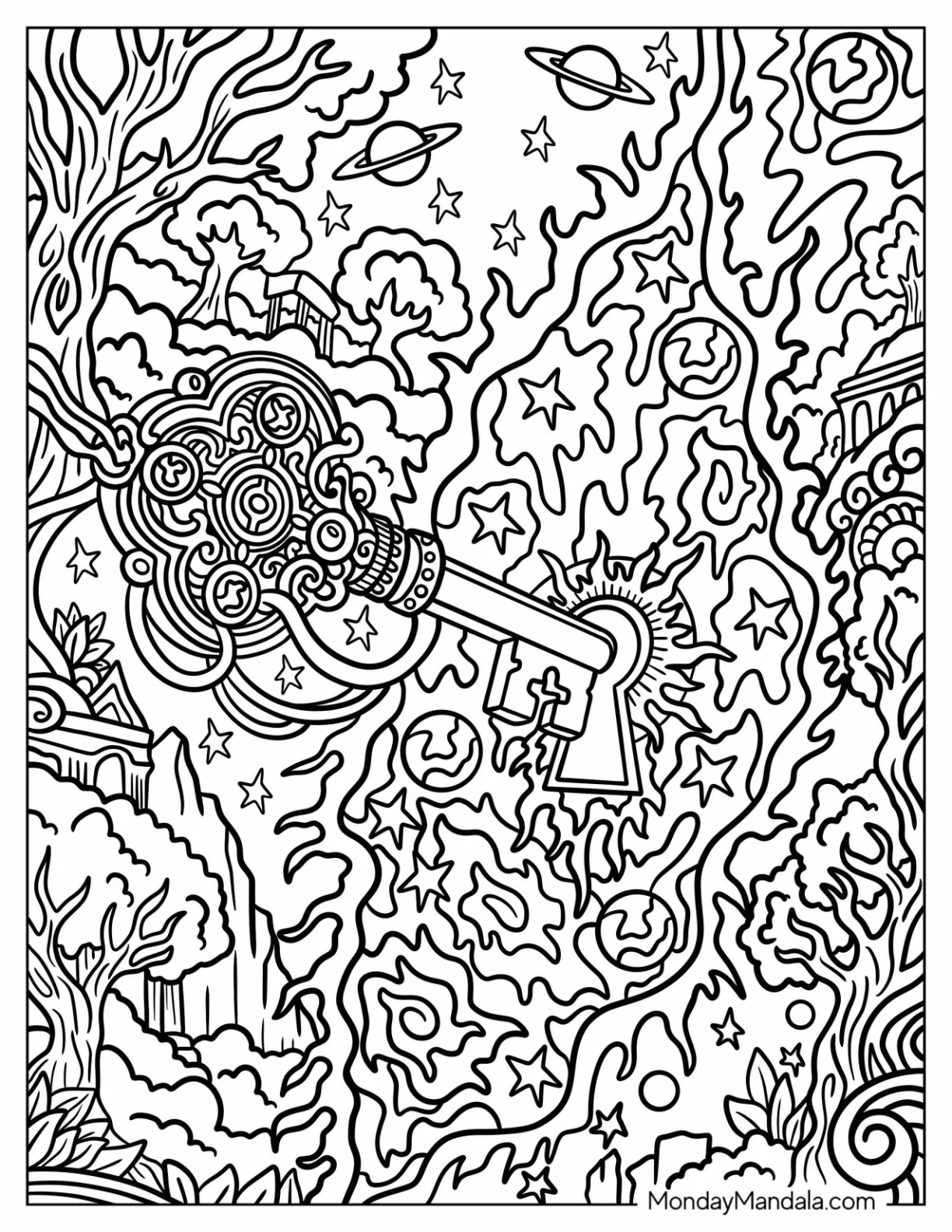 Trippy Lock and Key in the Galaxy coloring page
