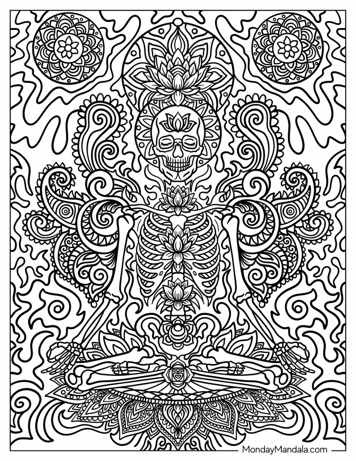 Trippy Meditating Skeleton with Flower Mandalas coloring page