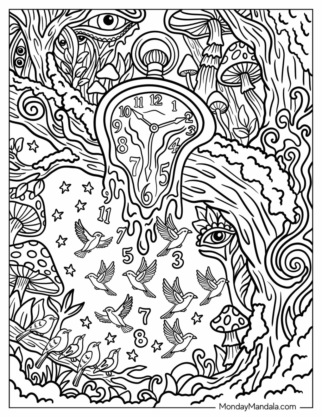 Trippy Melting Clock in a Jungle Coloring Page coloring page