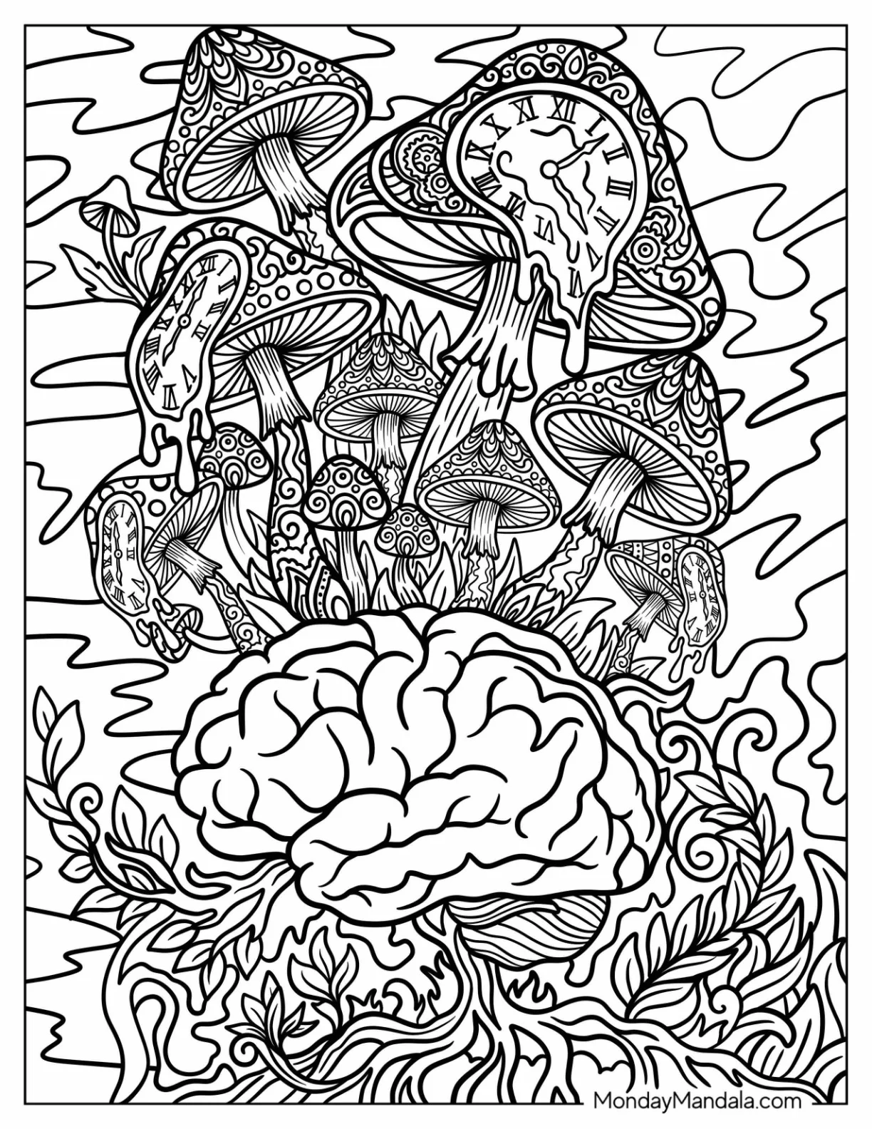 Trippy Mushroom Growing Out of a Brain coloring page