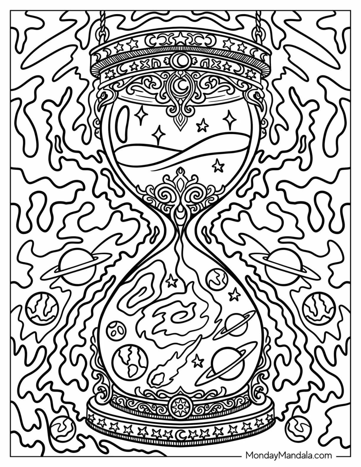 Trippy Sandglass with Planets Coloring Sheet coloring page
