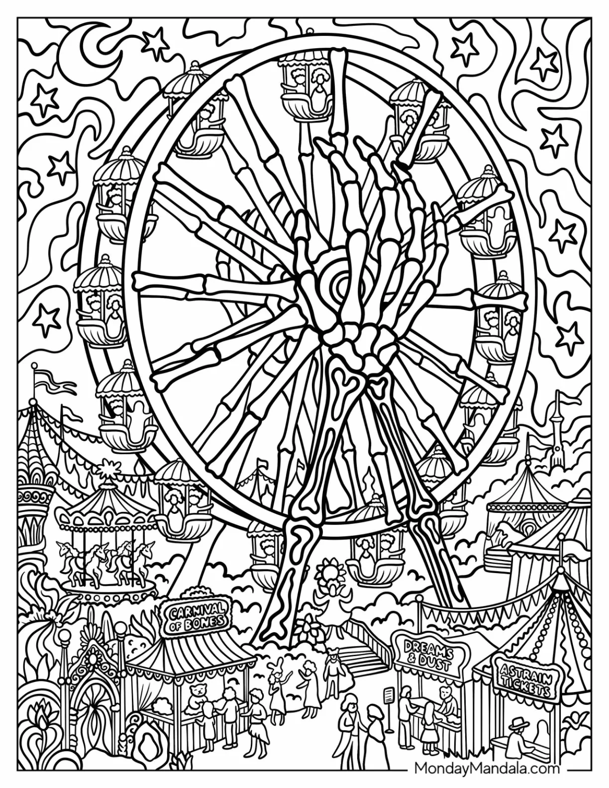 Trippy Skeleton Ferris Wheel with Starry Sky Coloring Page coloring page