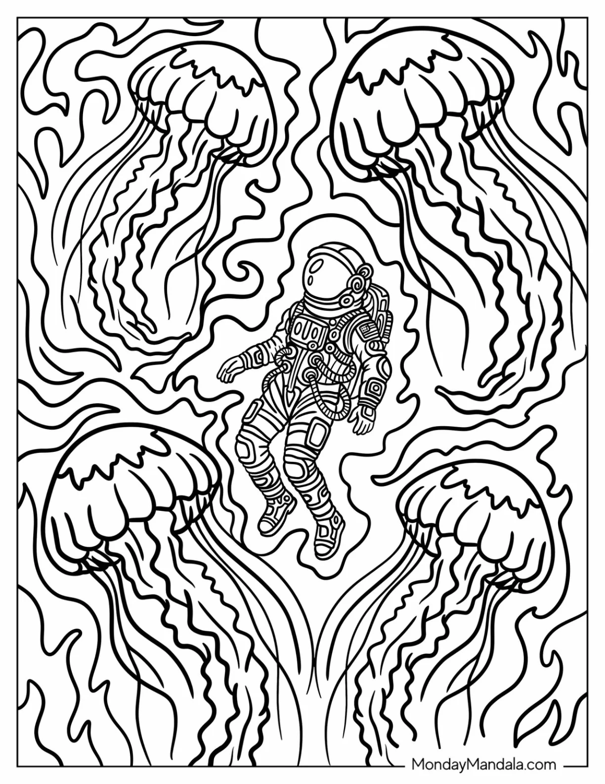 Trippy Skeleton with Massive Jellyfish Coloring Sheet coloring page