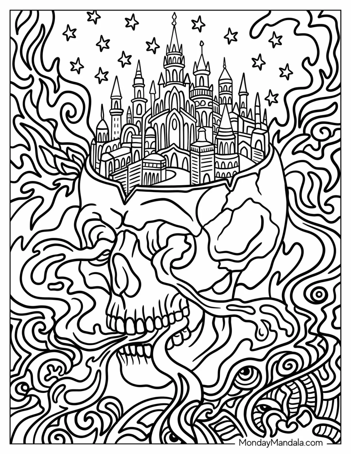 Trippy Skull with Castle and Smoke coloring page