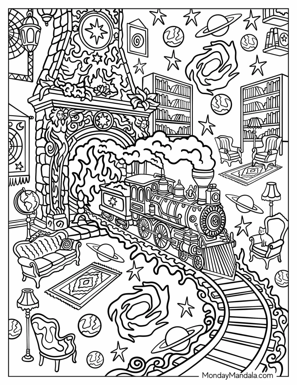 Trippy Train Exiting a Fireplace Tunnel in Galactic Living Room coloring page