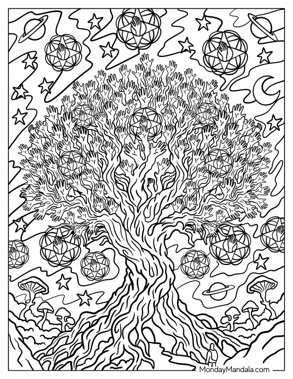 Trippy Tree Made of Intertwined Hands Coloring Page coloring page