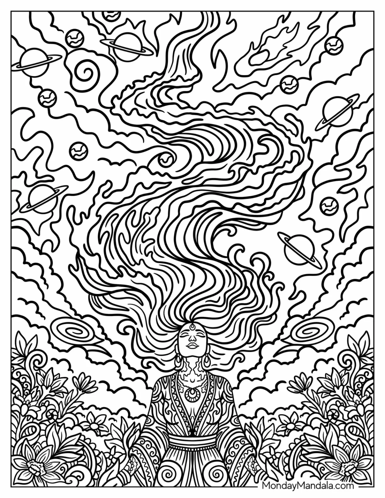 Trippy Woman with Flaming Hair in the Sky Coloring Page coloring page