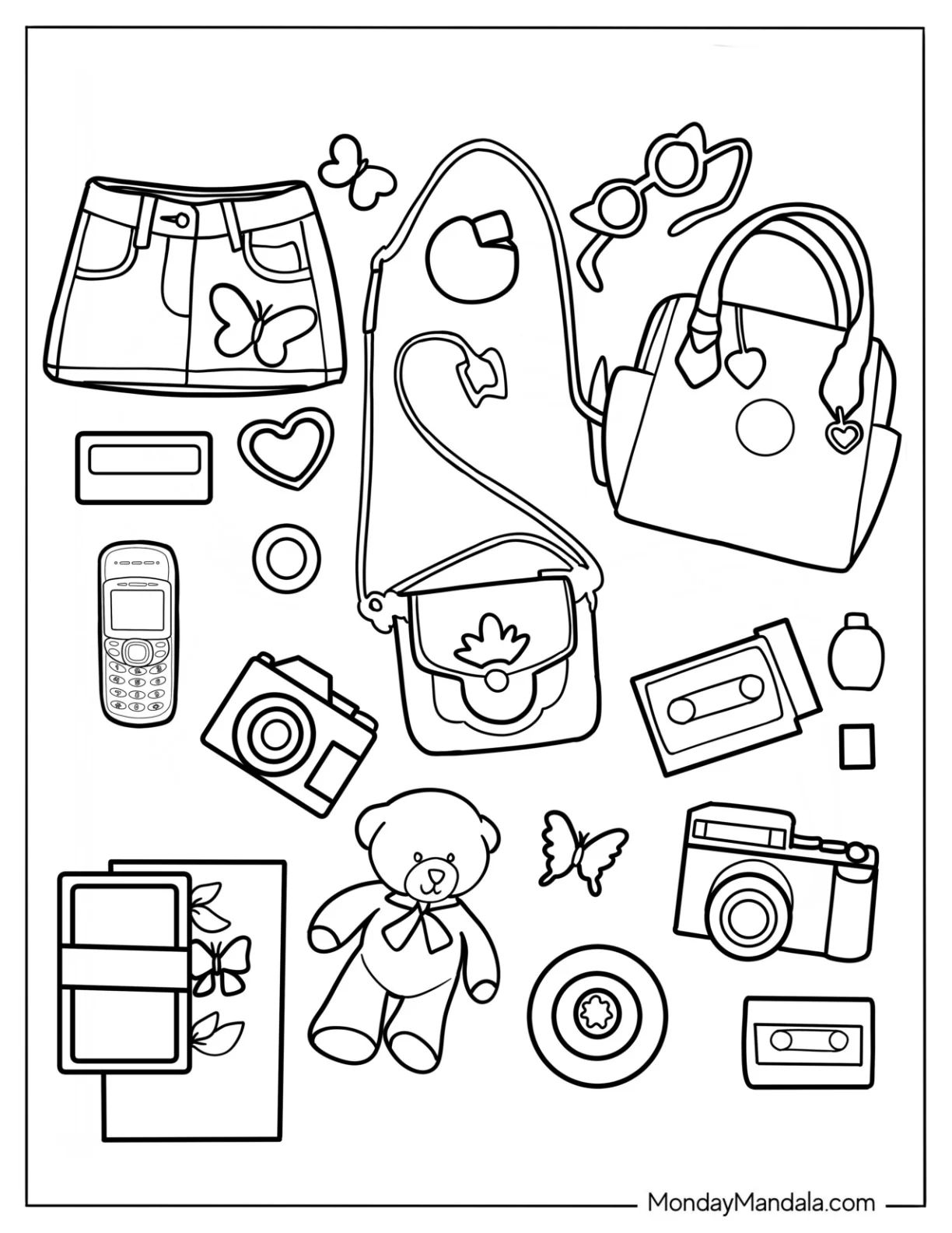 Cute Y2k Elements With Handbags, Digital Cameras, Phones, And Cassette Tapes Coloring Page coloring page