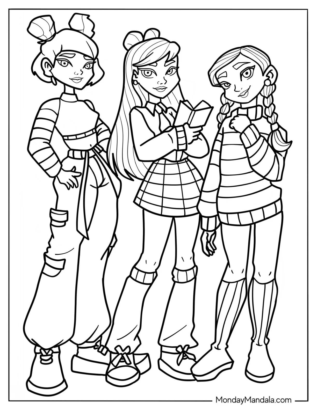 Three Cartoon Girls In Y2k Hairstyles And Clothes coloring page