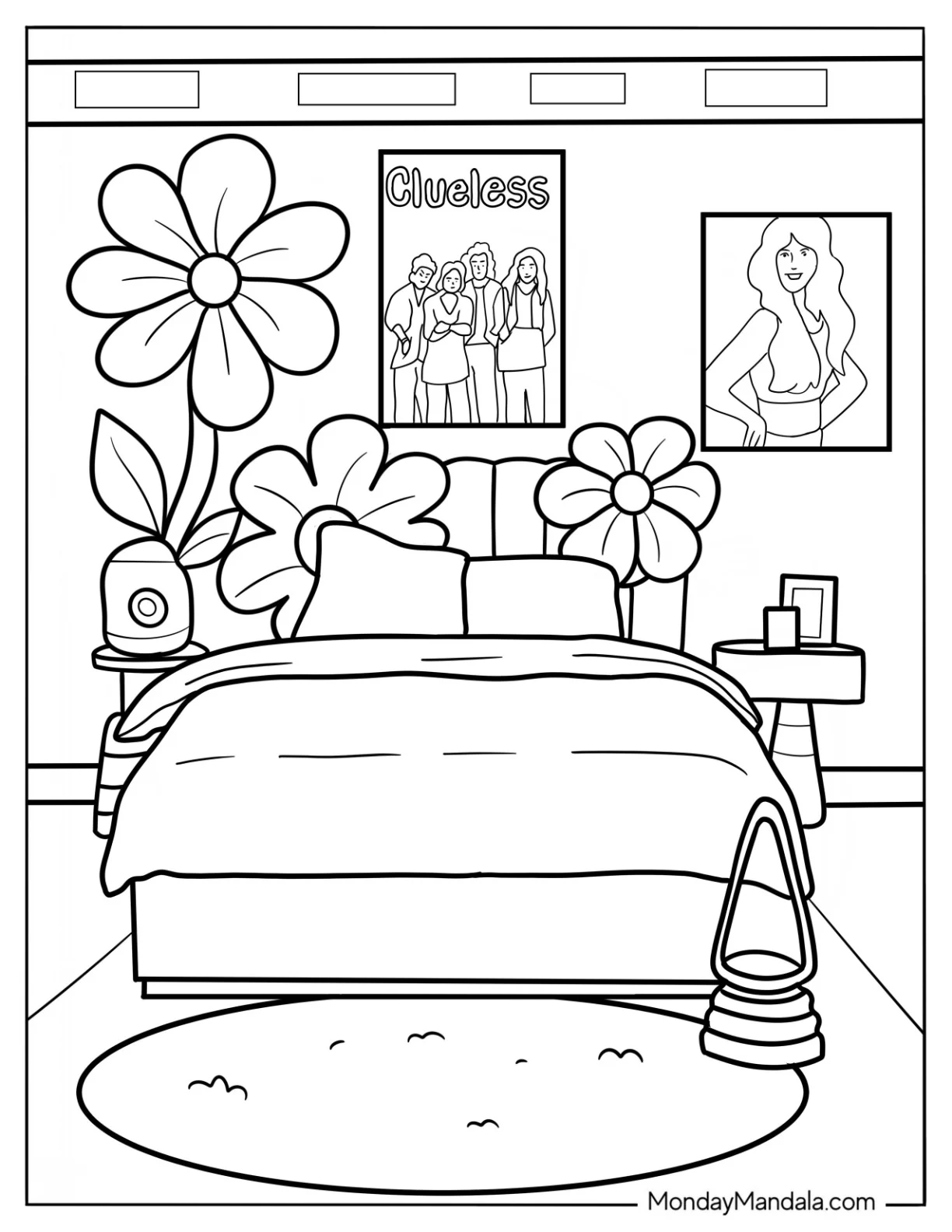 Y2k Bedroom With Toy Flowers And Iconic Movie Posters Coloring Page coloring page