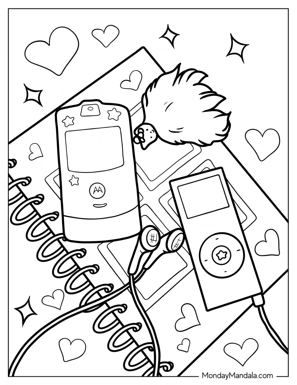 Y2k Coloring Page Cellphone, Notebook, And Ipod With Earphones For Kids coloring page
