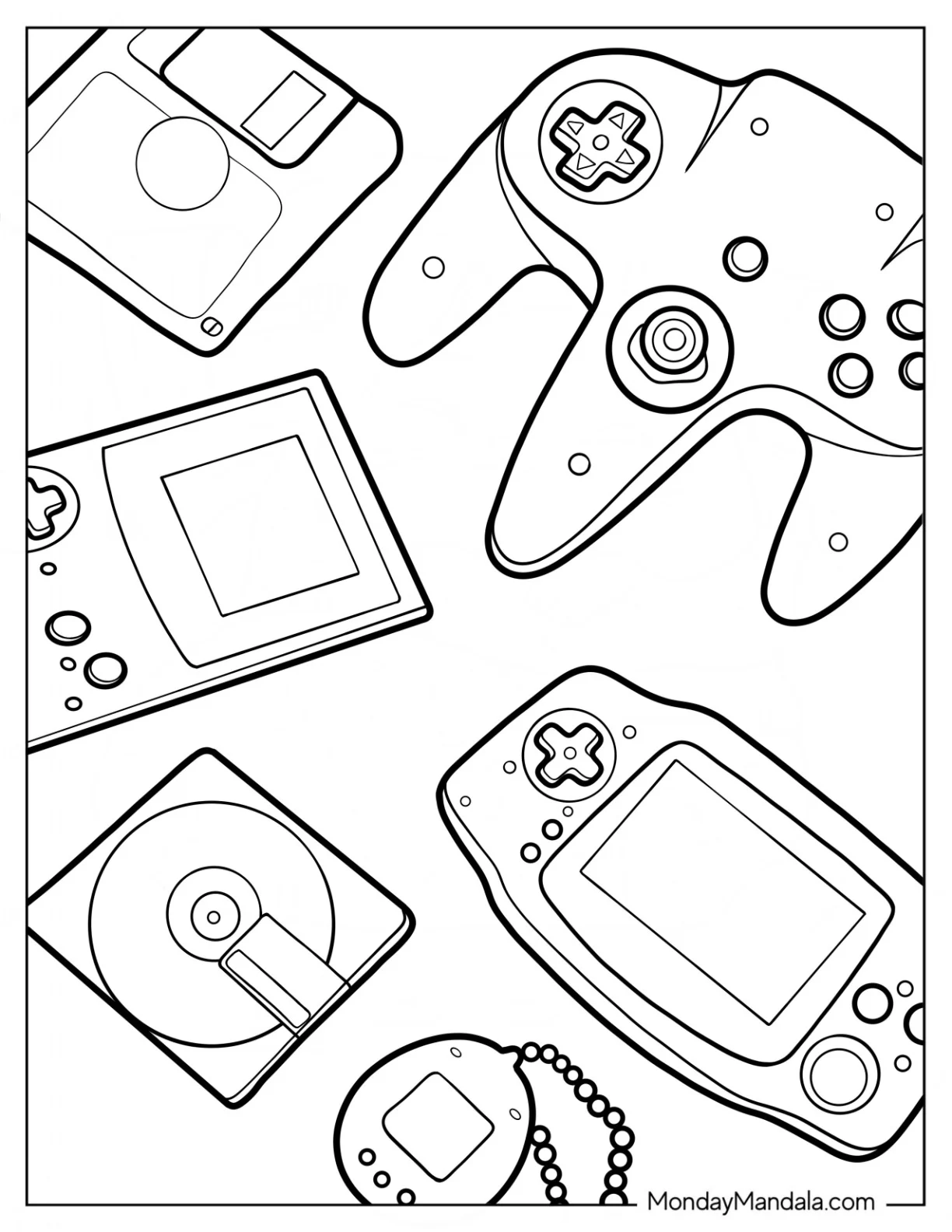 Y2k Coloring Page Of Floppy Disk, PlayStation Controller, Game Boy, Tamagotchi, And CD coloring page