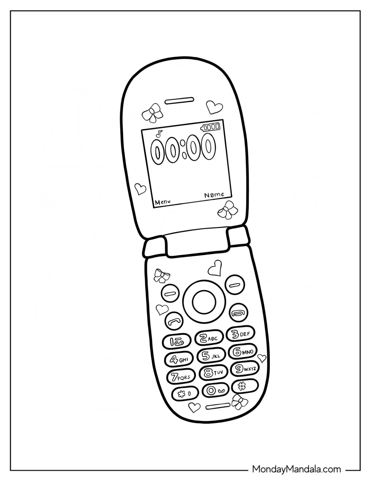 Y2k Coloring Page Of Simple Flip Phone With Cute Design coloring page