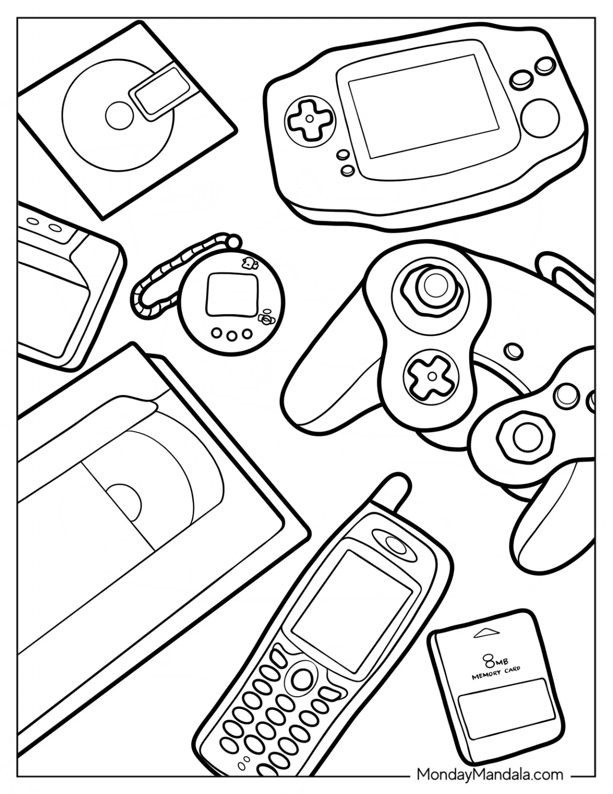 Y2k Coloring Page Video Game Controller, Keypad Phones, Memory Cards, Tamagotchi, VHS, and Cassette Tape coloring page