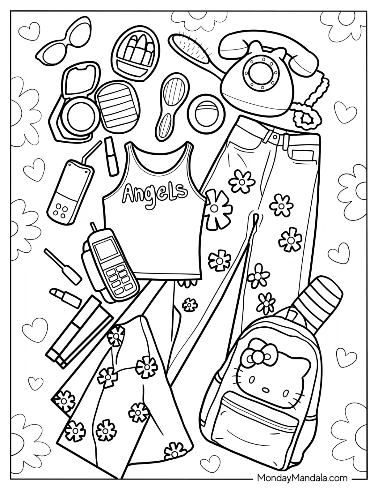 Y2k Fashion With Floral Jeans, Bag, Shirt, And Old School Gadgets Coloring Page coloring page