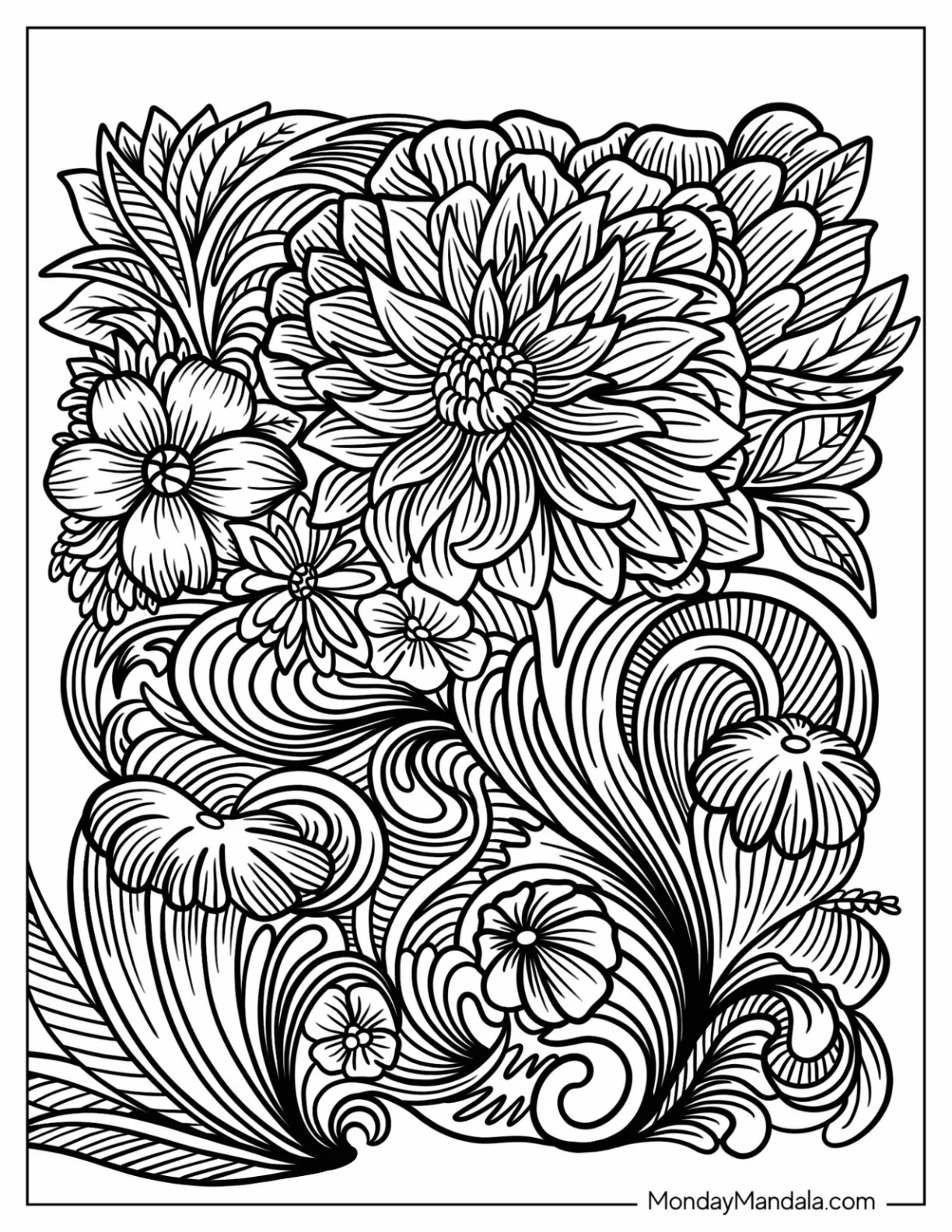 Beautiful Flowers Surrounded By Leaves Zentangle Coloring Sheet coloring page