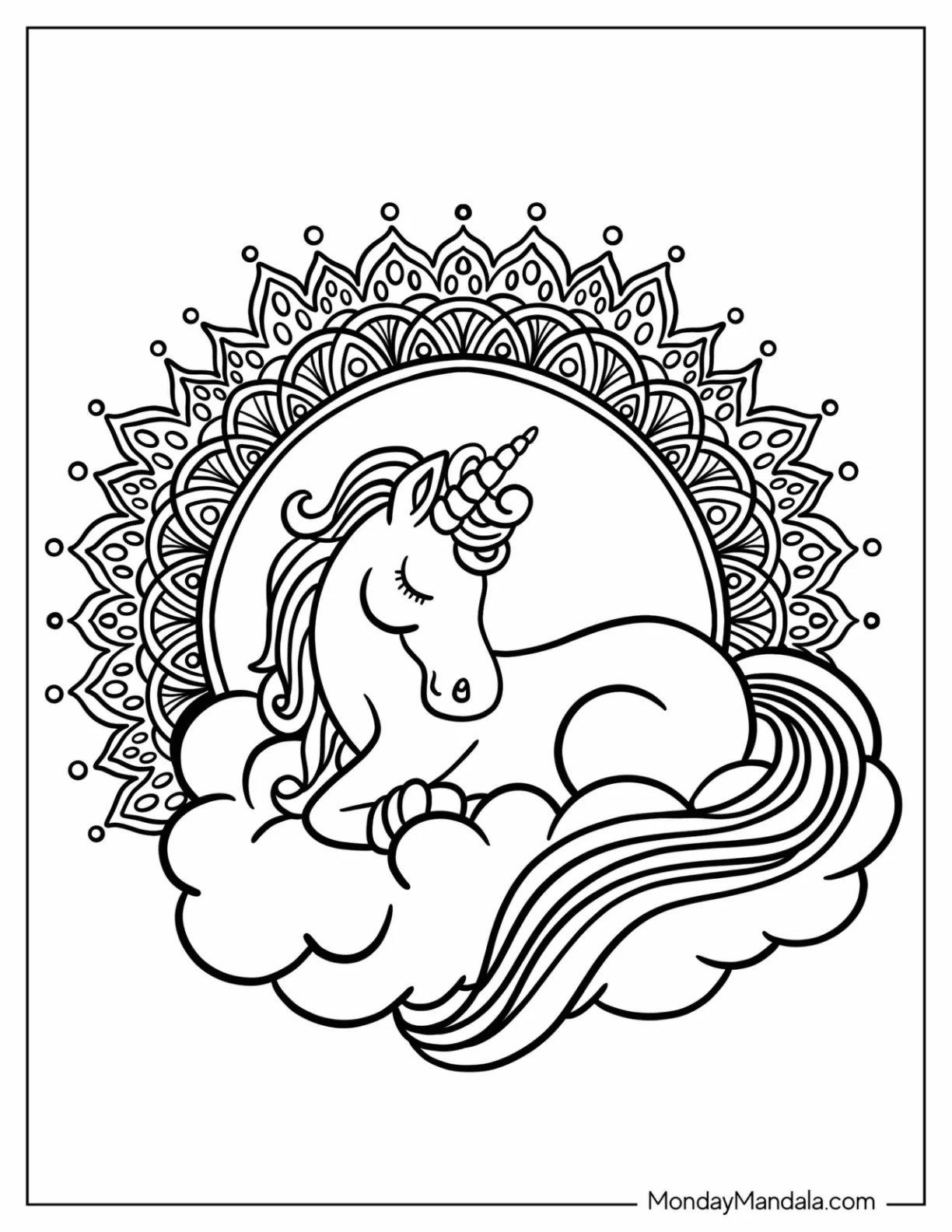 Cute Unicorn Sleeping On A Cloud Zentangle Coloring Page For Kids coloring page
