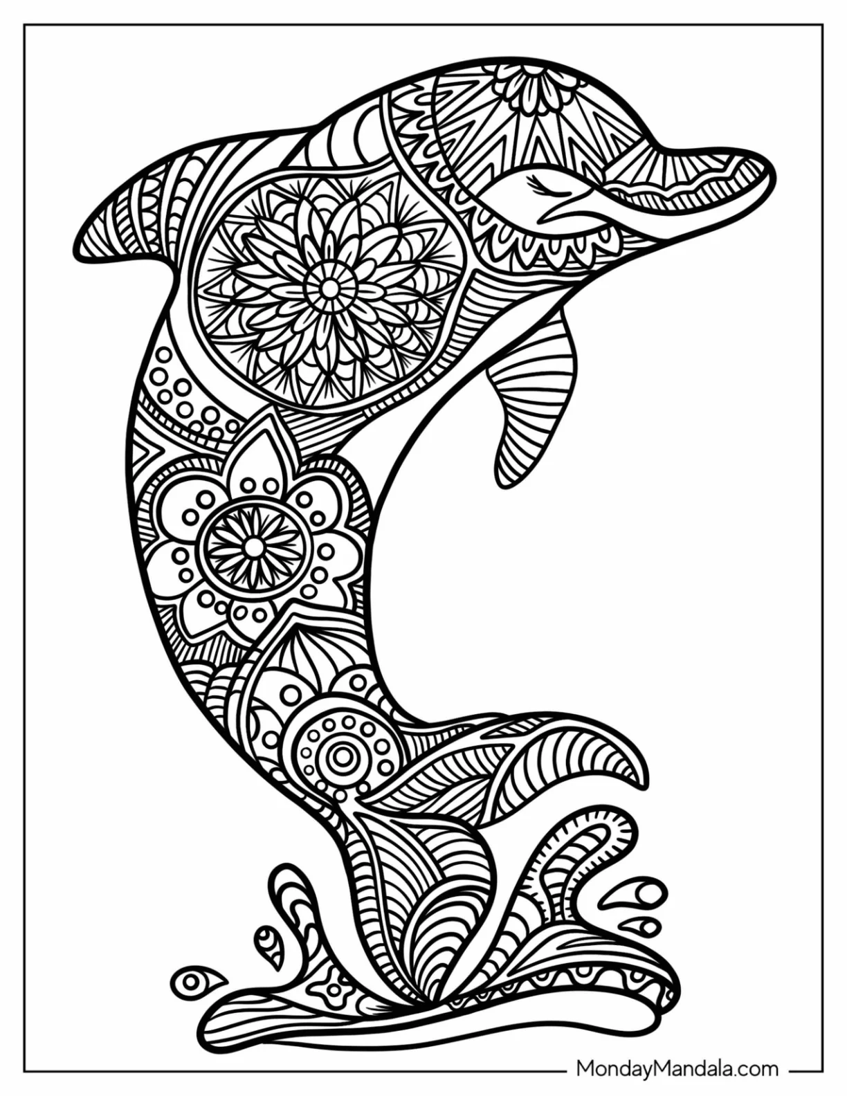 Dolphin Zentangle Coloring Page Leaping Out Of The Water coloring page — printable line art