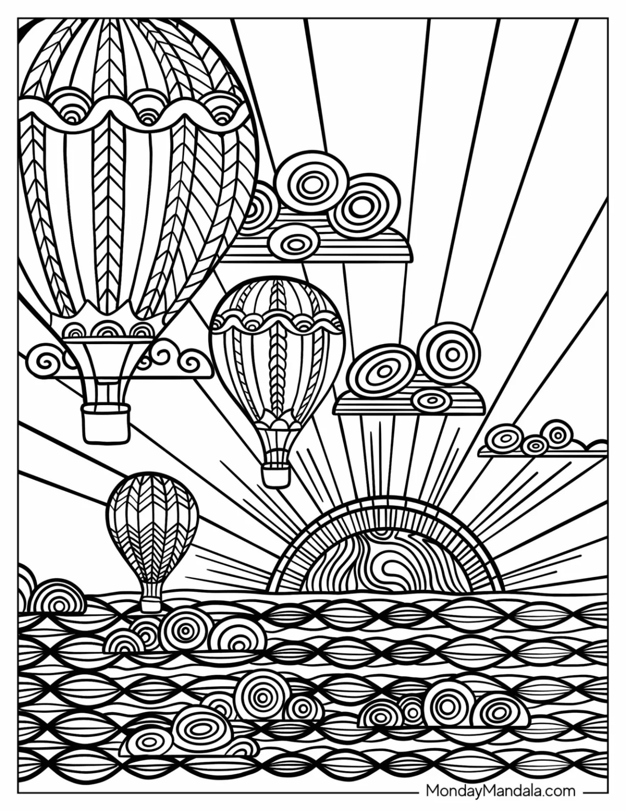 Hot Air Balloons Over The Sea Zentangle Coloring Page coloring page
