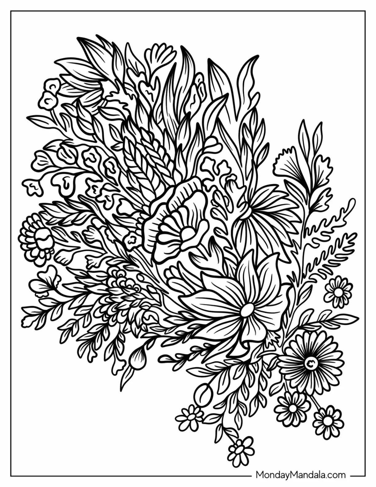 Wild Flowers With Pretty Leaves Zentangle Coloring Page coloring page