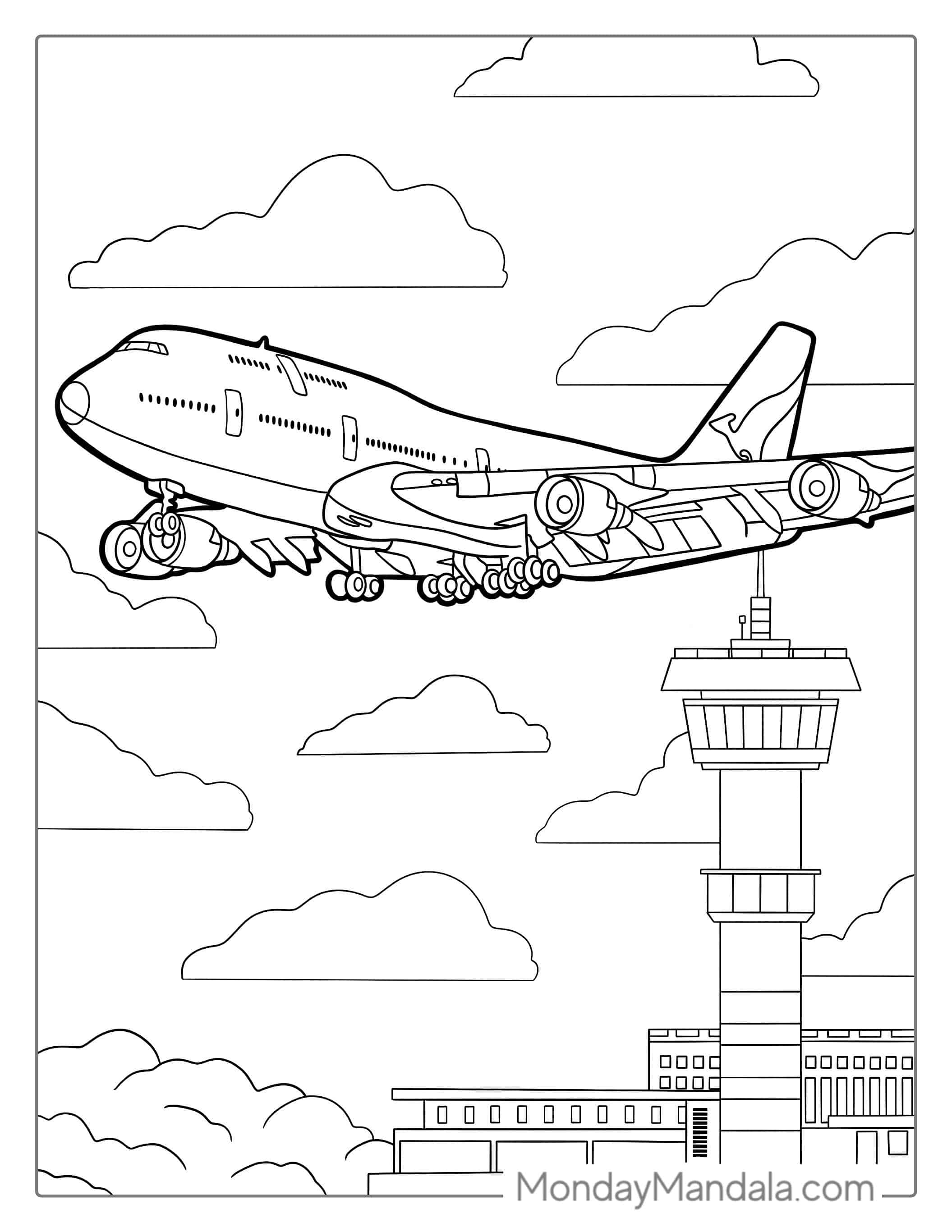 Boeing 747 Plane At Airport To Color coloring page